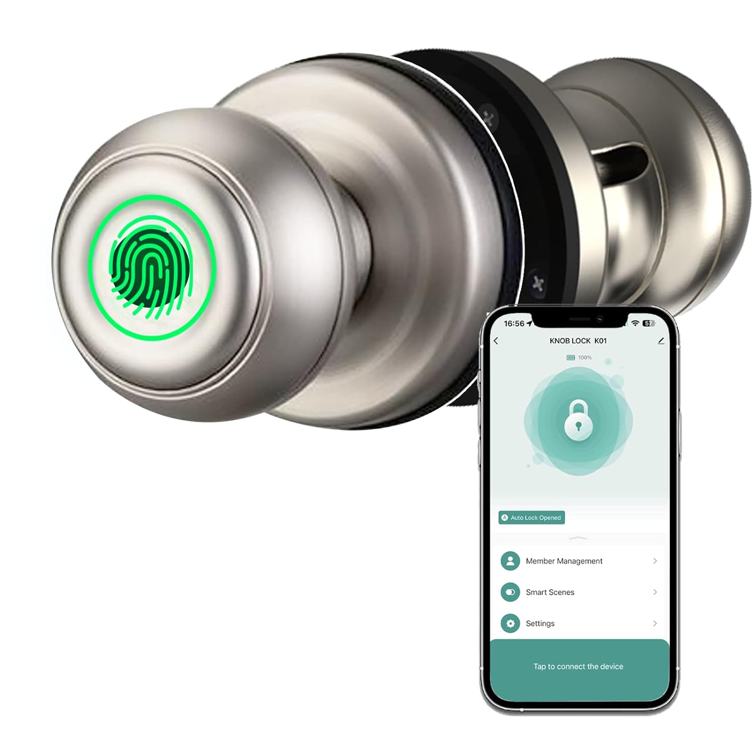 La Macaza Chrome Smart Door Knob, Fingerprint, Biometric, App Control, Great for Office, Bedroom, and More