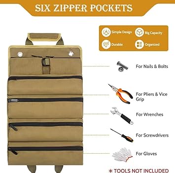 Tool Organizer - 6 Tool Bag with Heavy Duty Roll Up Tool Bag Organizer - With Screwdriver - Electricians and Hobbyists - Tool Roll Organizer for Mac (khaki)