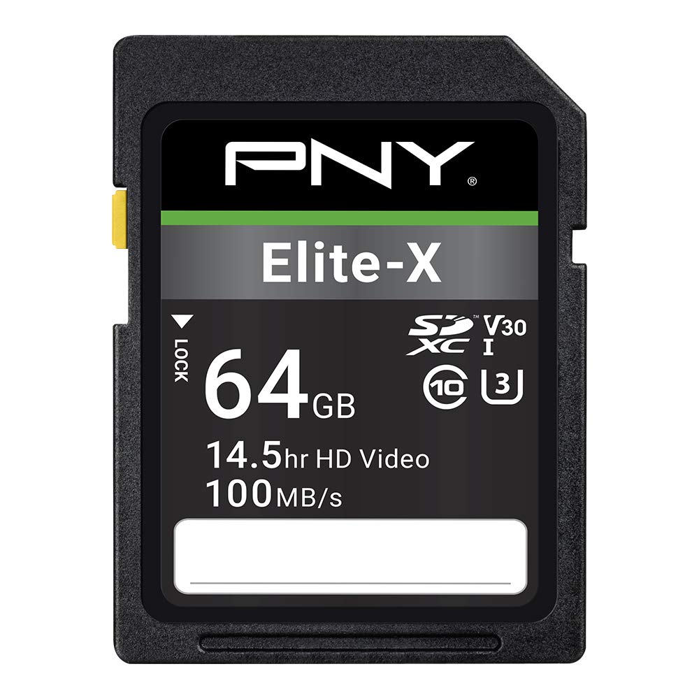 PNY 64GB Elite-X Class 10 U3 V30 SDXC Flash Memory Card, Read Speeds up to 100MB/S (P-SD64GU3100EX-GE)