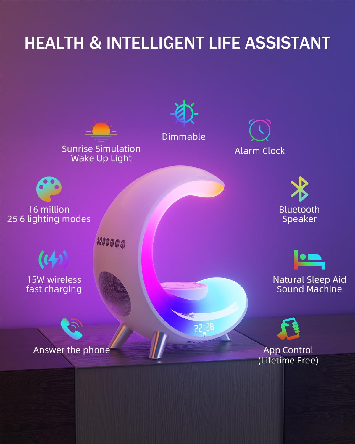 BURLAN Multifunctional Bluetooth Speaker with Desk Lamp, Table Lamp Ambient Lighting with Wireless Fast Charging, Alarm Clock, Running Lights Table Lamps, Mood Lights
