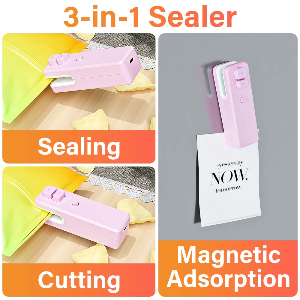 Uluck Mini Bag Sealer,Rechargeable Handheld Plastic Bag Resealer, 3 in 1 Heat Sealer and Cutter,Comes with USB C Cable Power Cable for Chip Bags, Plastic Bags, Snack Bags(No battery required) (Pink)