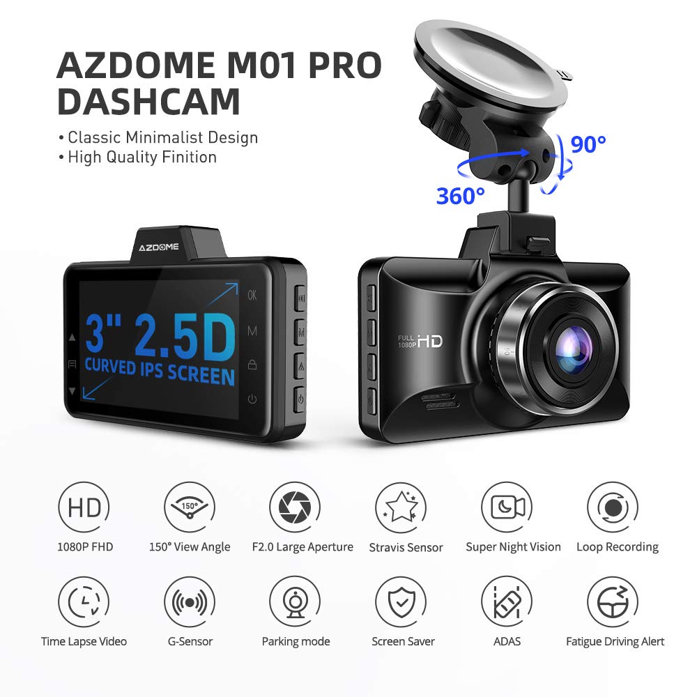 AZDOME Dual Dash Cam Front and Rear, 3 inch 2.5D IPS Screen Free 64GB Card Car Driving Recorder, 1080P FHD Dashboard Camera, Waterproof Backup Camera Night Vision, Park Monitor, G-Sensor, for Car Taxi