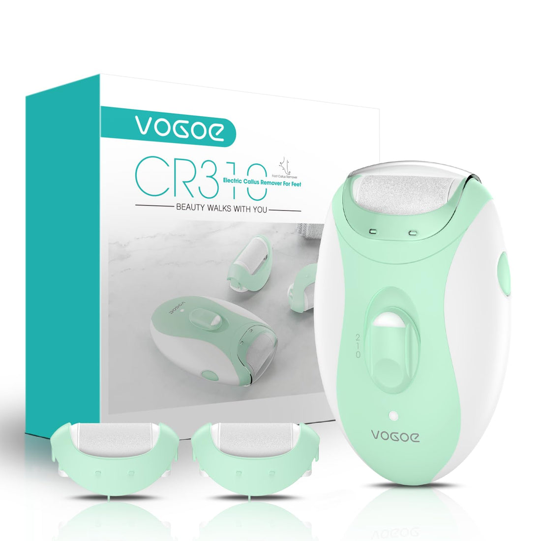 VOGOE Electric Foot File Hard Skin Remover Professional, Pedicure Set Rechargeable Callus Remover for Feet, Foot Scraper LED Light with 3 Rollers and 2 Speeds for Cracked Heel & Dead Skin CR310 Green
