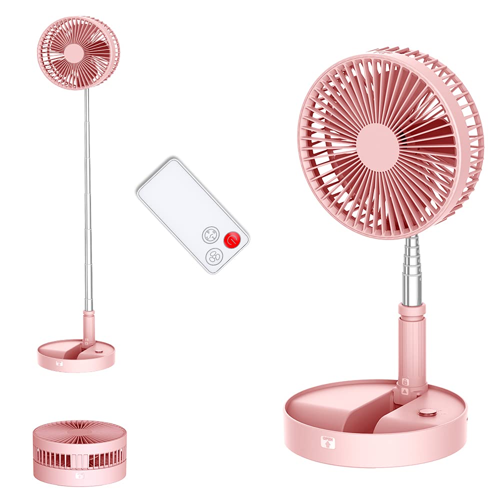 UN UNITEDTIME Desk and table fan, Air Circulator Fan Portable Travel Fans Battery Operated or USB Powered,Adjustable Height Foldaway with remote Control Timer, 4 Speed Settings (Pink)