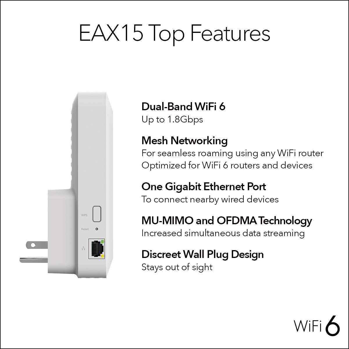 NETGEAR WiFi 6 Mesh Range Extender (EAX15) - Add up to 1,500 sq. ft. and 20+ Devices with AX1800 Dual-Band Wireless Signal Booster & Repeater (up to 1.8Gbps Speed), WPA3 Security, Smart Roaming