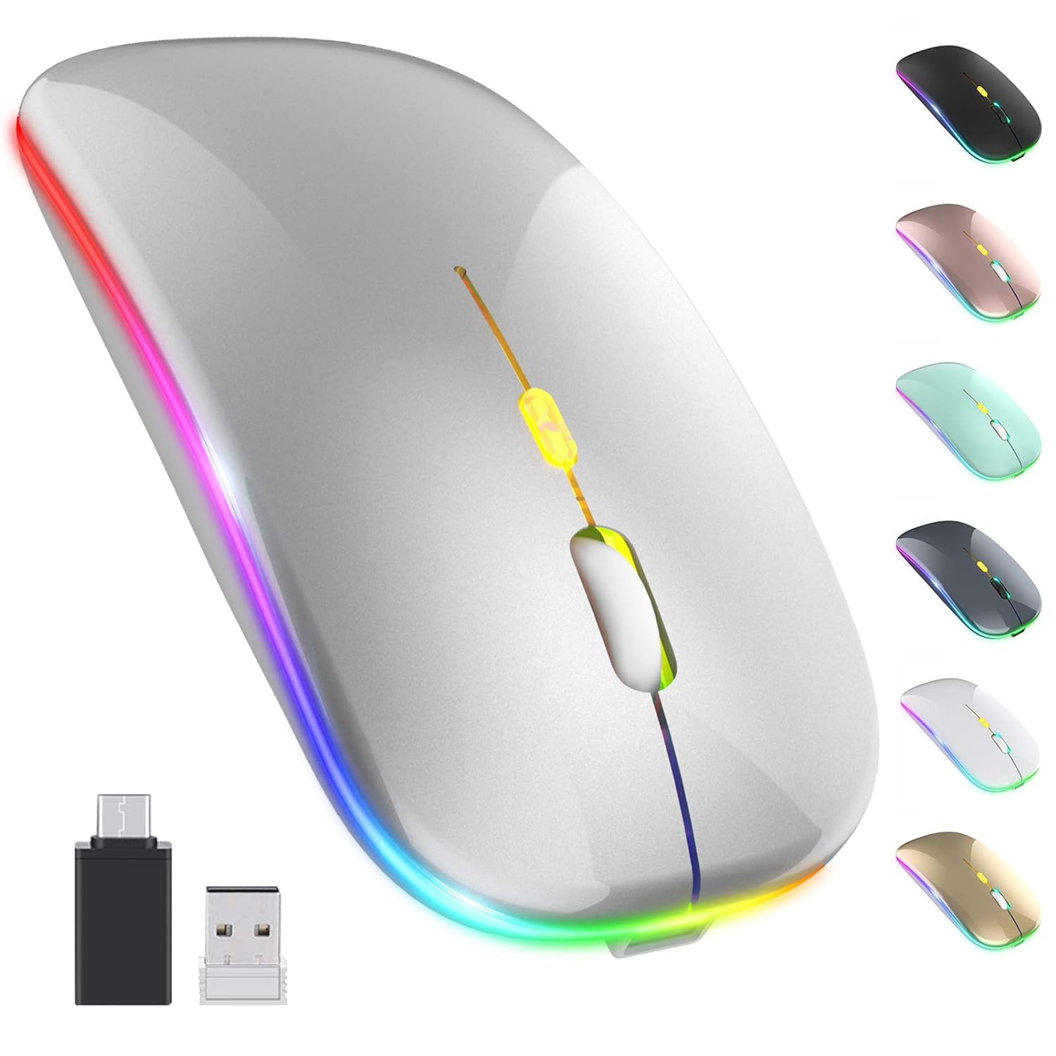 Upgrade?LED Wireless Mouse, Rechargeable Slim Silent Mouse 2.4G Portable Mobile Optical Office Mouse with USB & Type-c Receiver, 3 Adjustable DPI for Notebook, PC, Laptop, Computer, Desktop (Silver)