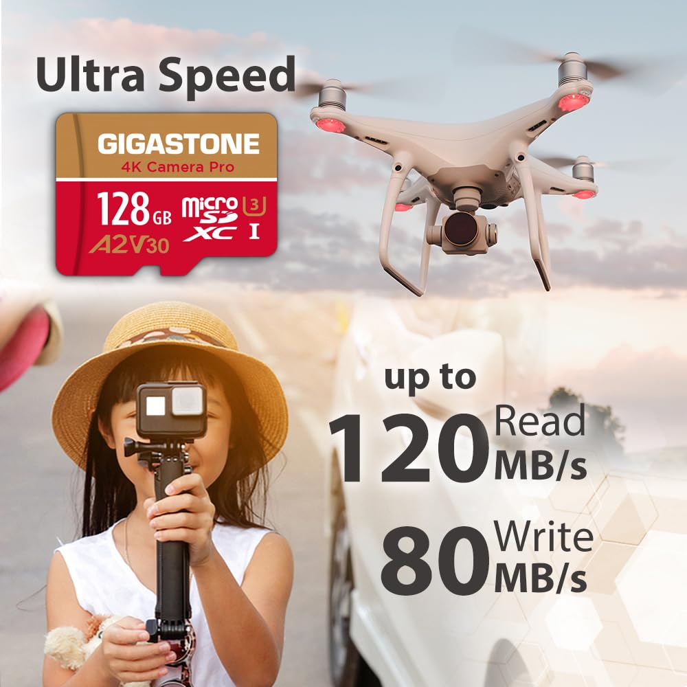 Gigastone [5-Yrs Free Data Recovery] 128GB Micro SD Card, 4K Camera Pro MAX, A2 V30 MicroSDXC Memory Card for Smartphone, Gopro, Action Cams, 4K UHD Video, Up to 120/80 MB/s, UHS-I U3 C10 with Adapter