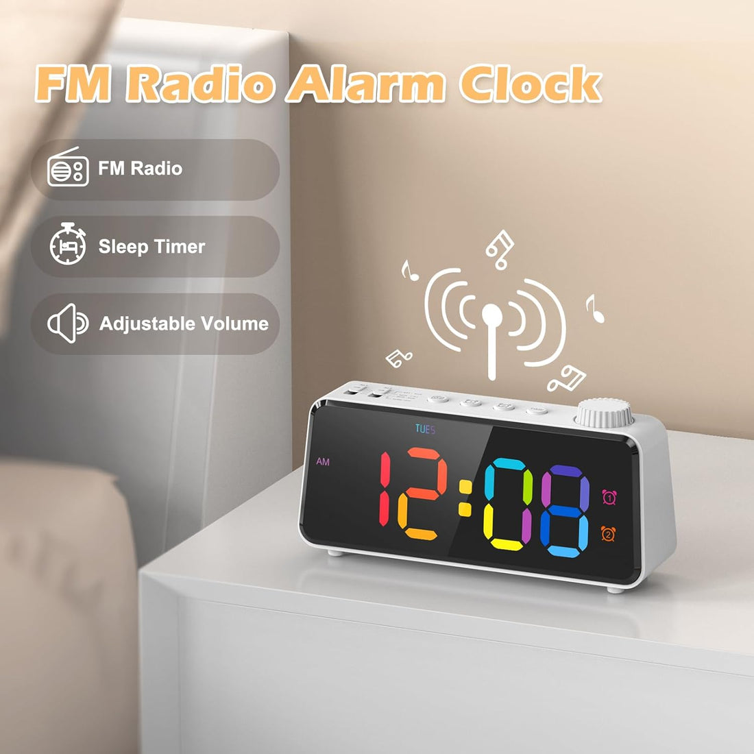 ANJANK Digital FM Radio Alarm Clock for Bedroom, 2 Alarms with 3 Wake-Up Modes, 6‘5’‘ Large Colorful Display for Kids Teens, 0-100% Dimmable Brightness, Small Table Clock with USB Charging Port