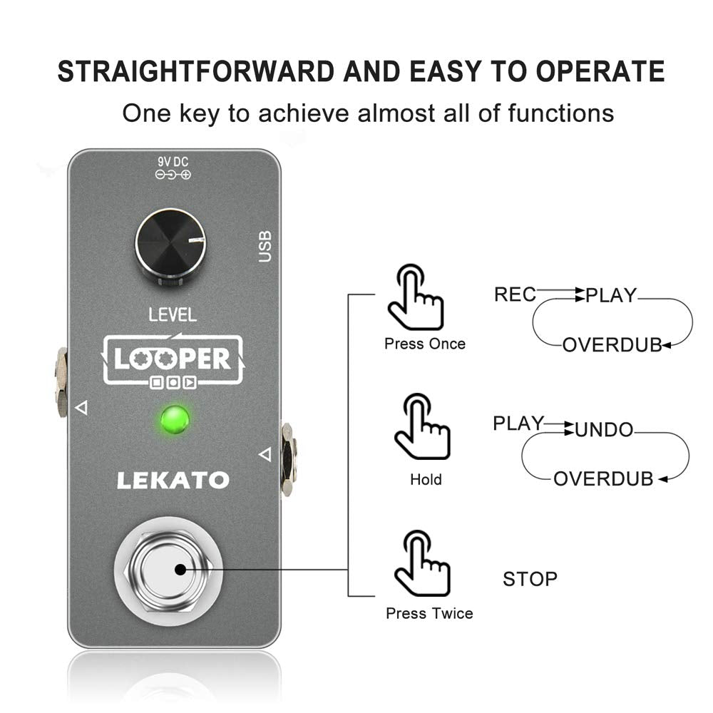 LEKATO Loop Station Guitar Effect Pedal Unlimited Overdubs 5 Minutes Looper with USB Cable for Electric Guitar Bass