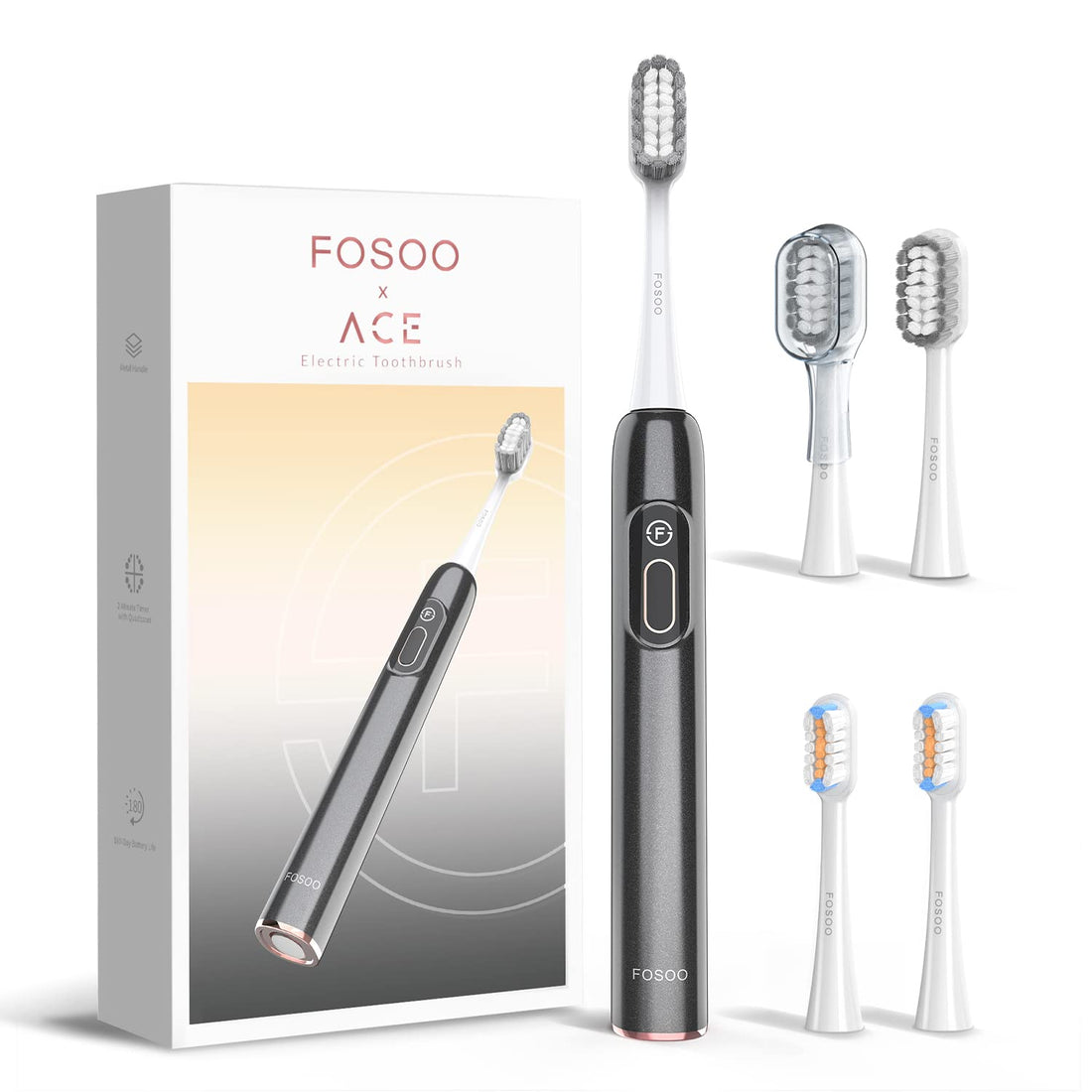 FOSOO Sonic Electric Toothbrush Adults,Toothbrush Electric Rechargeable with Big Brush Head High-Efficiency Cleaning,180 Days Battery Life,48000vpm,2 Min Smart Timer,Metal Cover w 3 Colors(Black)