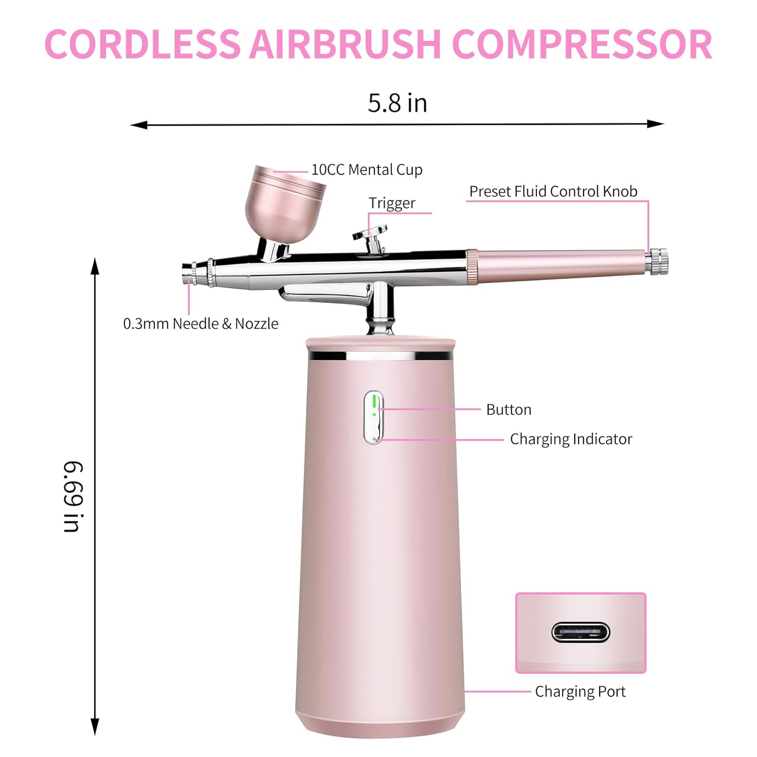 Daakro Airbrush-Kit Rechargeable Cordless Airbrush Compressor - 36PSI Auto Handheld Airbrush Gun,Airbrush Set Portable Wireless Air Brush for Nail Art, Cake Decor, Makeup, Model Painting (Pink）