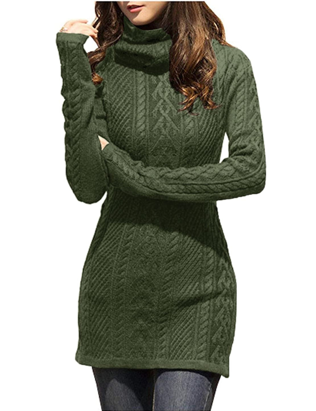 v28 Women Polo Neck Turtleneck Knit Stretchable Elasticity Long Slim Sweater (ArmyGreen, m)