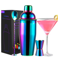 Safring 24oz Cocktail Shaker Bar Set, Martini Shaker with Built-in Strainer, Measuring Jigger, Mixing Spoon, Professional Stainless Steel Large Bartender Drink Shaker Margarita Alcohol Mixer-Rainbow