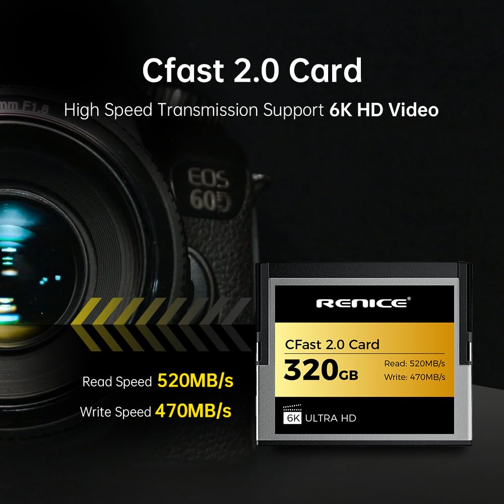 RENICE 320GB CFast 2.0 Memory Card-Continuous up to 520MB/sRead-CompactFlash Card Supports RAW 4K.6KHD Video Recording- for Professional Camera Photographers-pSLC Mode