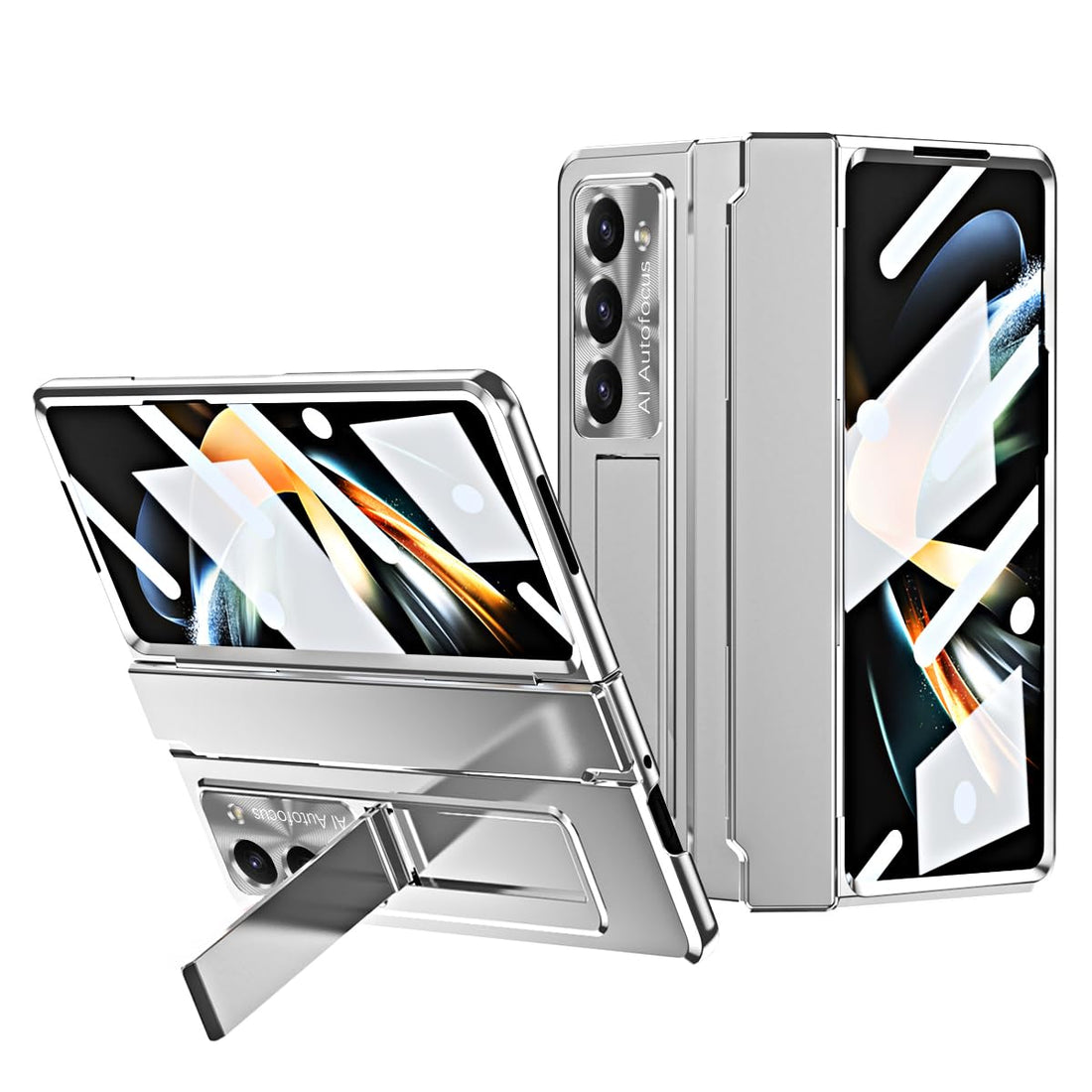 Breclar for Samsung Galaxy Z Fold 5 Hinge Coverage Protective Bulit-in Screen Protector Kickstand Plating PC All-Inclusive Cover for Z Fold 5 (2023) (Silver)