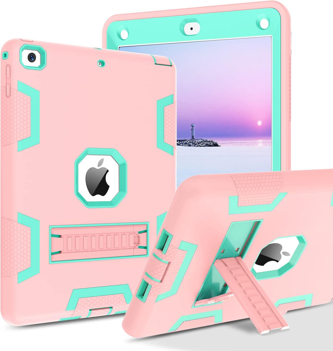 BENTOBEN iPad 6th Generation Case, iPad 5th Generation Case, iPad 9.7 2018/2017 Case, 3 in 1 Heavy Duty Rugged Shockproof Kickstand Protective Tablet Cover for iPad 9.7 Inch 2018/2017, Rose Gold/Green