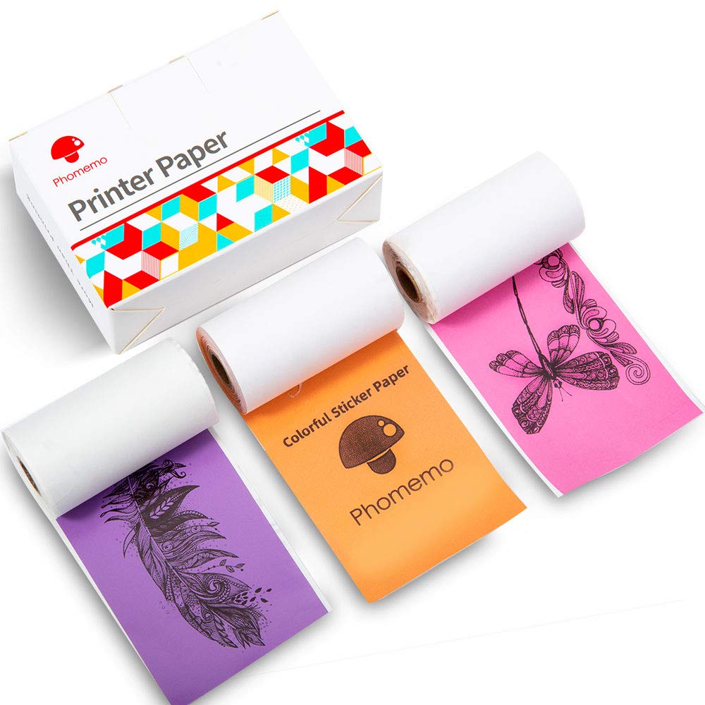 Phomemo Colorful Thermal Sticker Paper M02/M02 Pro/M02S Mini Printer, Black Character on Purpple/Rose/Orange, 50mm x 3.5m, Diameter 30mm, 3 Rolls
