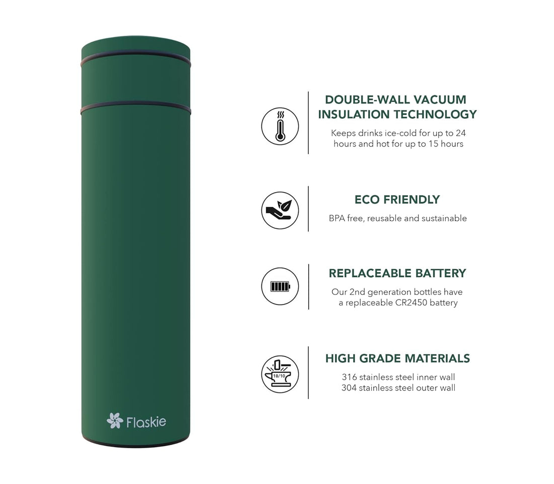 Flaskie Smart Flask (2nd Generation) | 17 Oz | BPA-Free Stainless Steel | Reusable Water Bottle | Replaceable Battery | Double Walled Vacuum Insulated | Keeps Hot for 15 Hrs, Cold for 24 Hrs (Green)