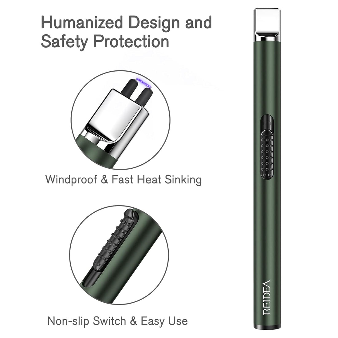 REIDEA Lighter S4 Electric Candle Lighter USB Rechargeable with Safety Switch, Flameless Portable Fast Heat Windproof Plasma Lighters, Perfect for Home Cooking BBQ Camping Fireworks, Pine Green