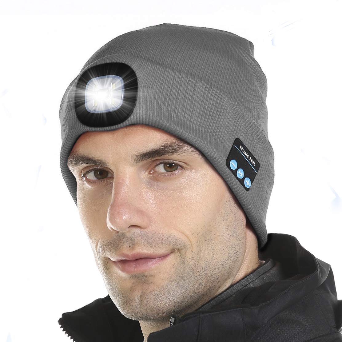 Bluetooth Beanie Hat with Light, Unisex LED Cap with Headphones Built-in Stereo Speakers & Mic, Tech Gift for Men Women Dad