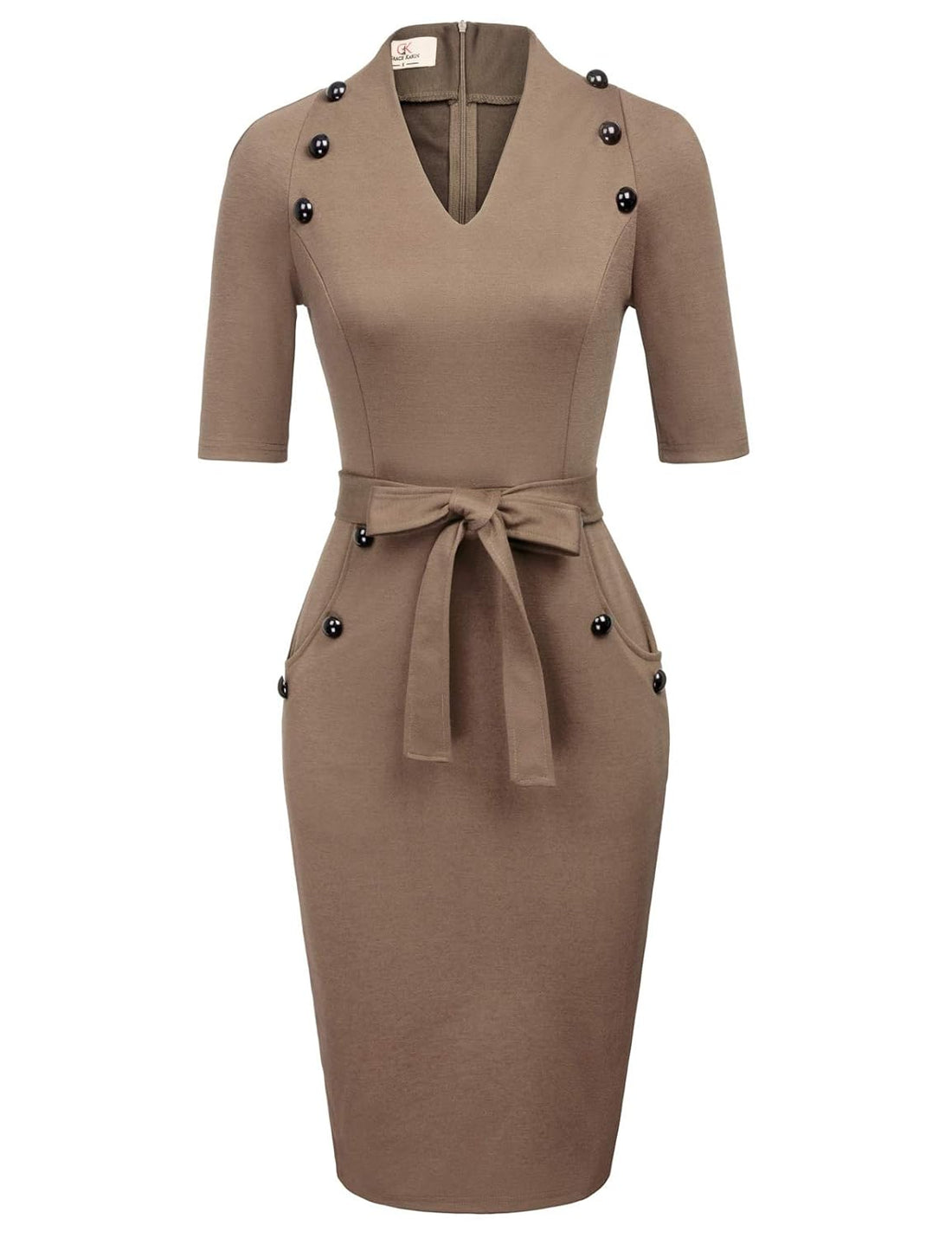 Women Vintage Short Sleeve Slim Fit Belted Business Pencil Dress Coffee