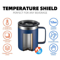 12oz Stainless Steel Insulated Coffee Mug with Handle, Double Wall Vacuum Travel Mug, Tumbler Cup with Sliding Lid, Navy