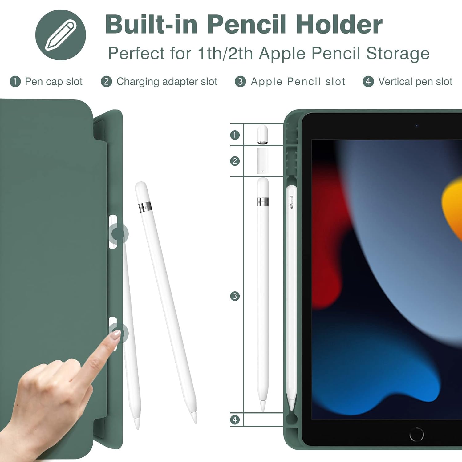Dwopar iPad 10.2 Case, Protective Cover with Pencil Holder, Auto Sleep/Wake, Slim Soft TPU Back, Green