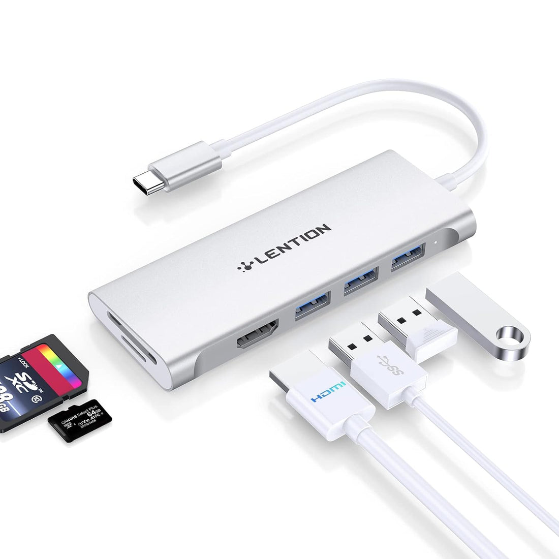 LENTION USB C Hub with 4K HDMI, 3 USB 3.0, SD 3.0 Card Reader Compatible 2020-2016 MacBook Pro 13/15/16, New iPad Pro/Mac Air/Surface, Chromebook, More, Multi-Port Dongle Adapter (CB-C34, Silver)