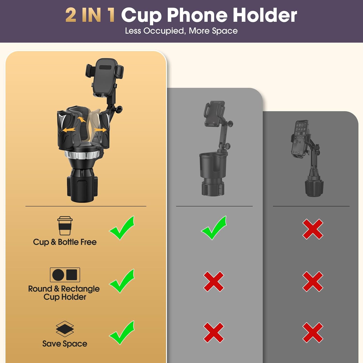 Cup Holder Extender Phone Mount (Adjustable) for Car with Expandable Base, 2-1 Multi Cupholder for Large Drink Bottle Mug and Phone Holder Fits All Smartphone (Silver-Cup Holder Phone Mount for car)