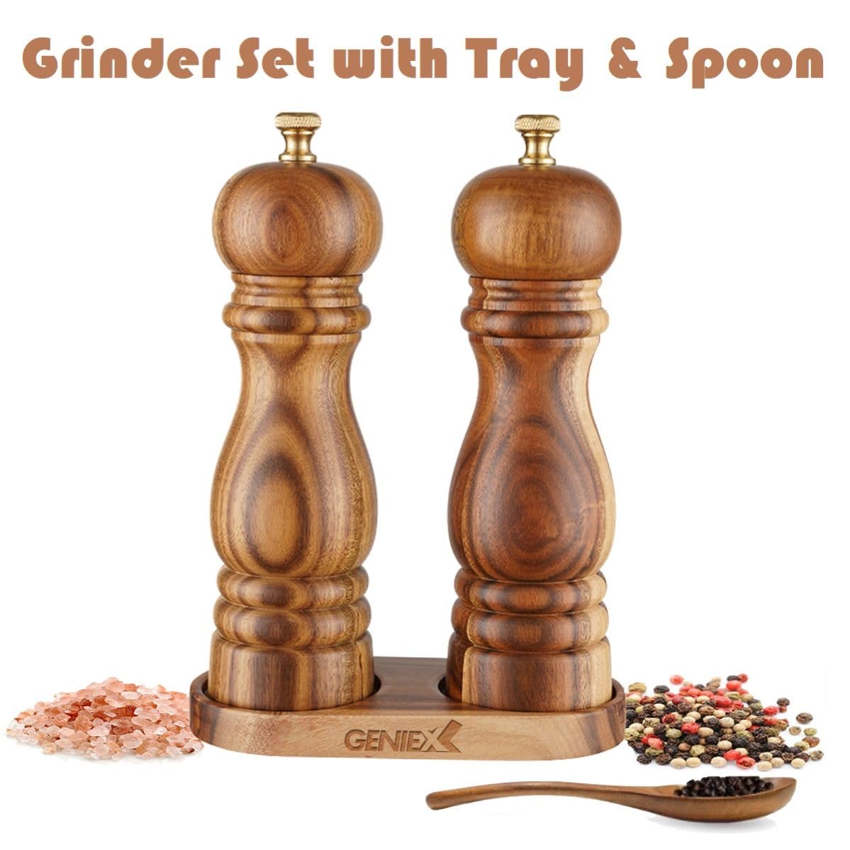 GENIEX Princess Wooden Salt and Pepper Grinder Set, Refillable Salt and Pepper Mills, Adjustable Coarseness, Housewarming ifts & Kitchen Gift, Cool Home Gadgets, 7.5 inch Acacia Wood Grinders Set 2pcs