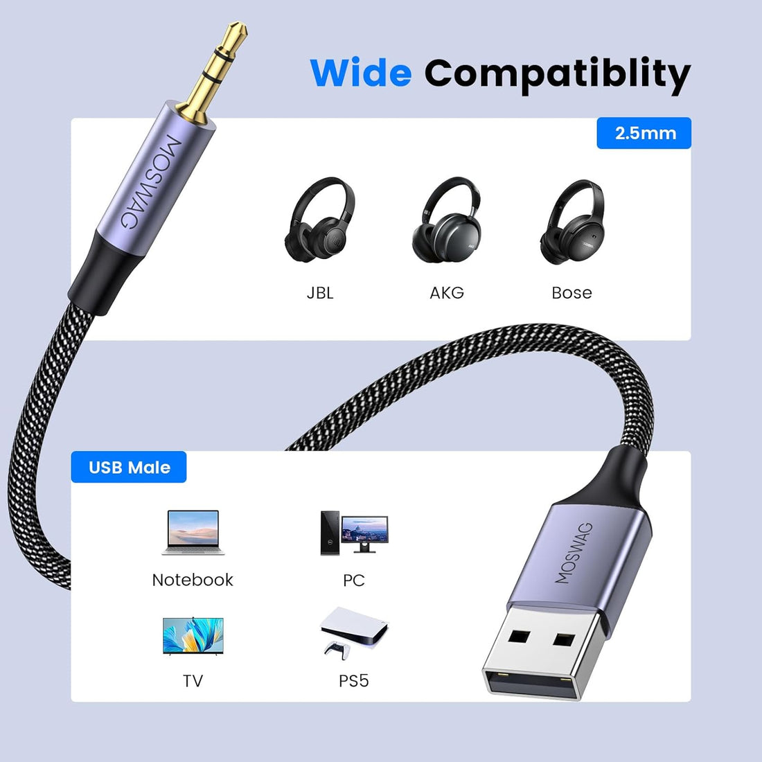 MOSWAG 2.5mm to USB, USB to 2.5 mm Audio Jack Adapter, USB Male to 2.5mm Male AUX Stereo Audio Converter, Nylon Braided Headphone Extension Cords for Windows,Linux,Android, PC, Laptop,Headphones