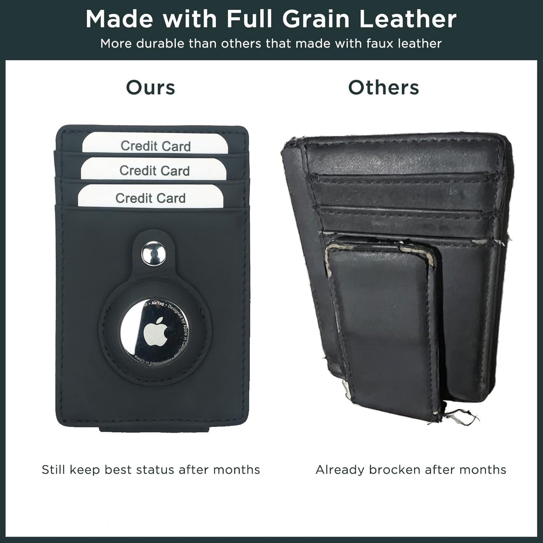 LoveMeGo Full Grain Leather Wallet for Men, Magnet Money Clip with AirTag Holder, Front Pocket RFID Blocking Card Holder, Green, Slim