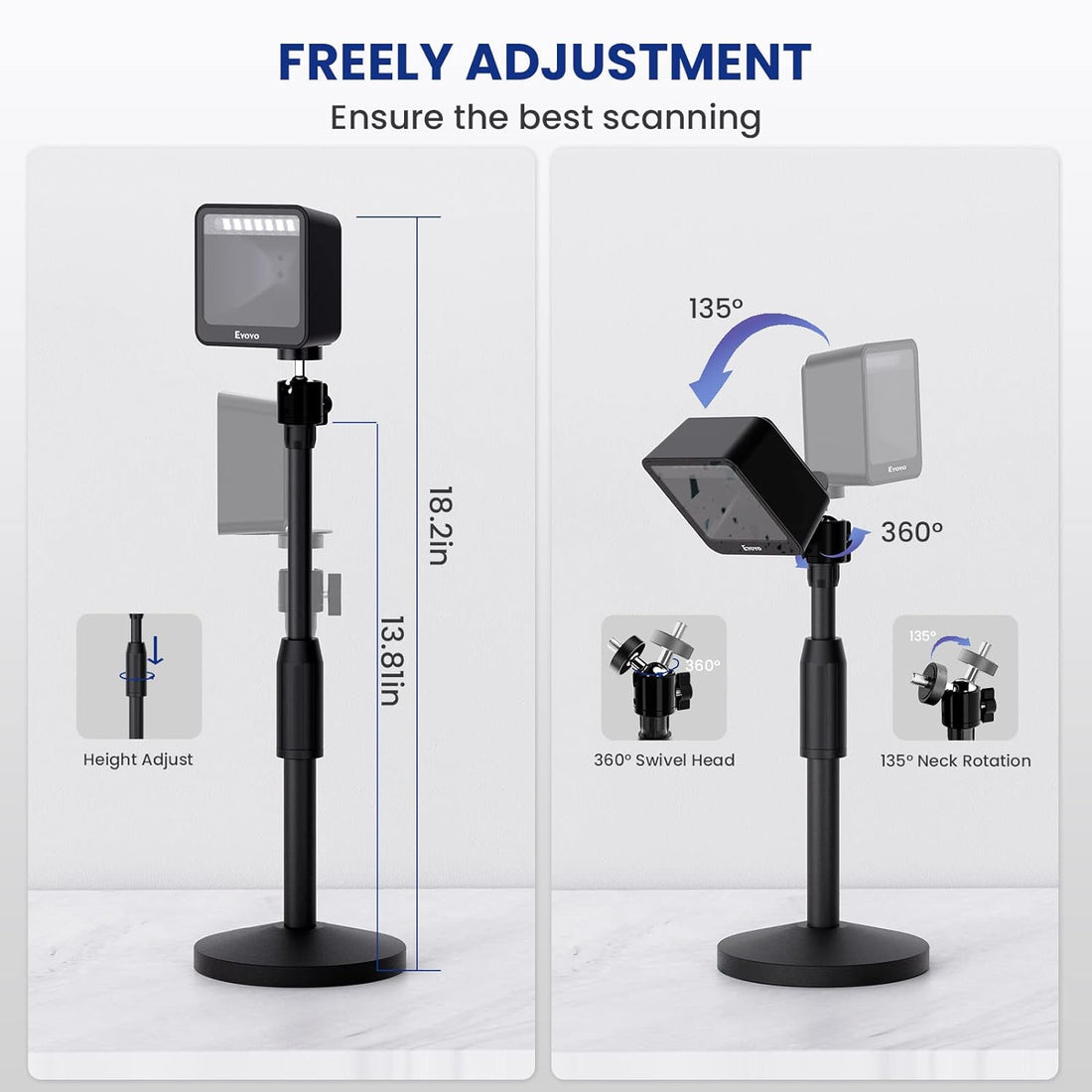 Eyoyo 1D 2D Hands-Free Barcode Scanner with Height Adjustable Stand, Omni-Directional Presentation Desktop Bar Code Scanner with Automatic Sensing Scanning for POS Checkout Counter Book Library Retail