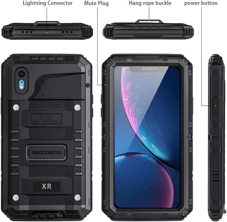 Seacosmo Waterproof iPhone XR Case with Built-in Screen Protector, 360 Full Body Protective Military Grade Rugged Shockproof Case Cover Compatible with iPhone XR, Black