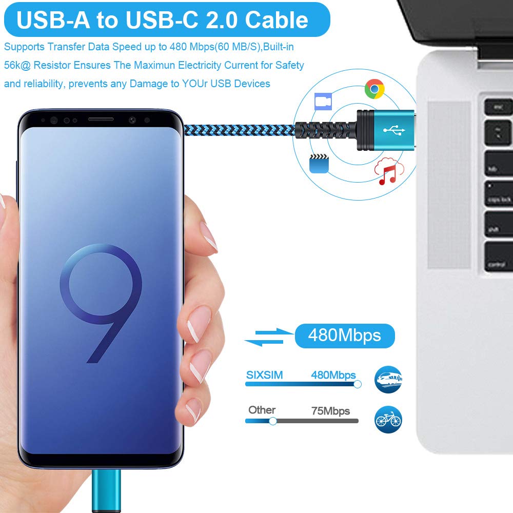 USB C Cable, SIXSIM 5Pack 6FT USB C to USB A Braided Fast Charging Phone Charger Cord Type C Cable Compatible Samsung Galaxy S20 S10 S9 S8 A80 A71 A50 A20e Note 10 9 8, LG V60 V50 ThinQ, Moto G8 G7 G6