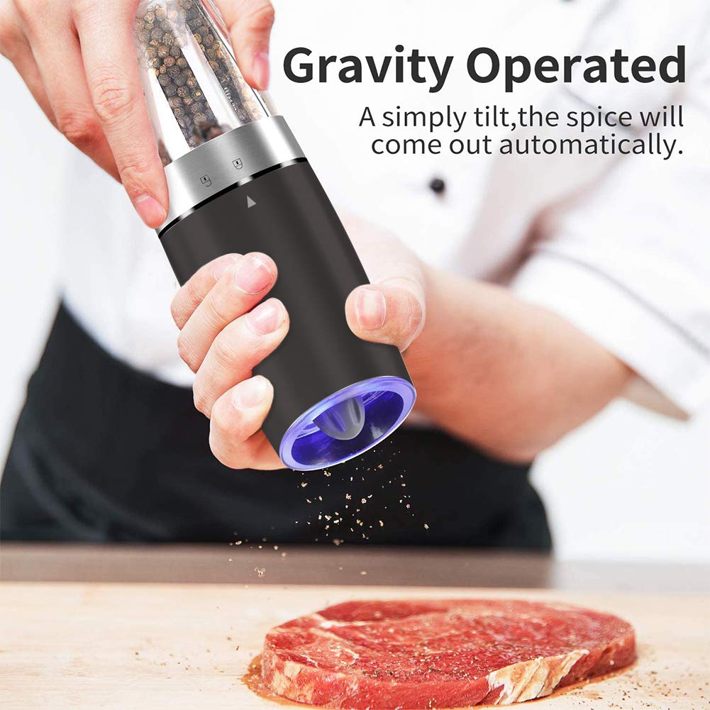JOBKIM& Electric Gravity Pepper Grinder set of 2, Automatic Salt and Pepper Mill Grinder, Battery Powered, Adjustable Roughness, Blue LED Light, One Hand Operation, Black 2X