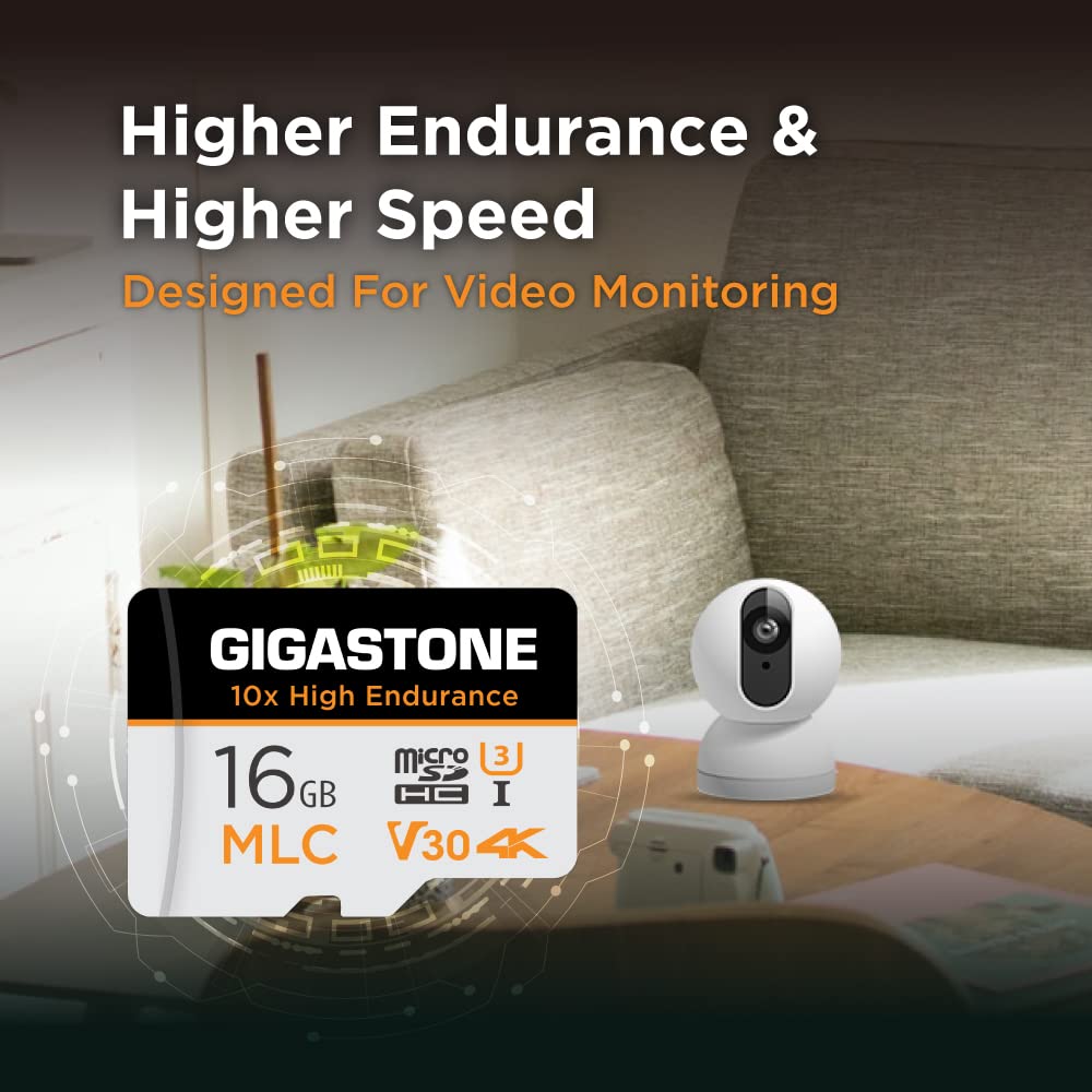 [10x High Endurance] Gigastone Industrial 16GB MLC Micro SD Card 5 Pack, 4K Video Recording, Security Cam, Dash Cam, Surveillance Compatible 95MB/s, U3 C10, with Adapter