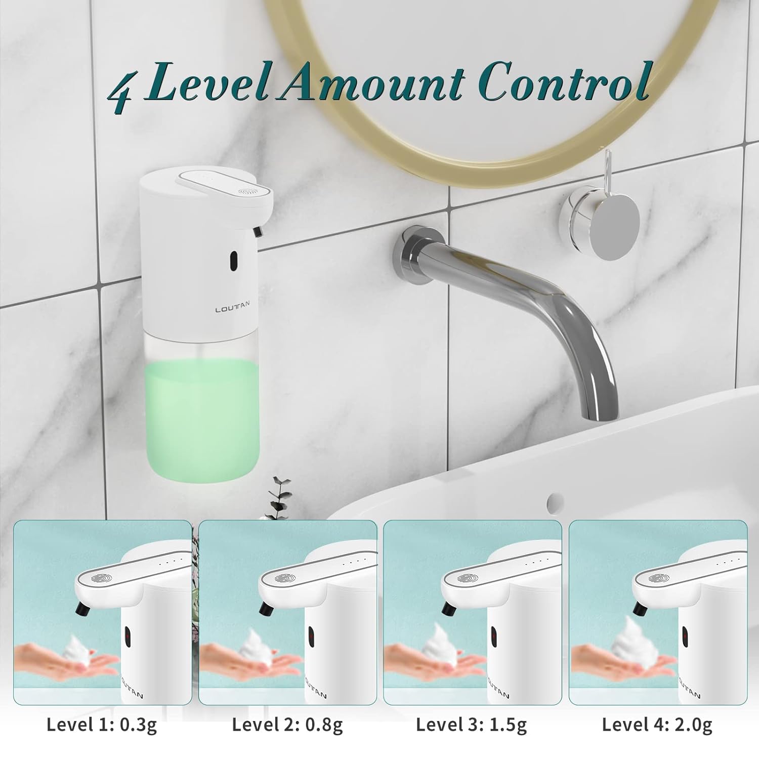 Automatic Soap Dispenser, Touchless Foaming Soap Dispenser Hands Free Soap Dispenser with 4 Levels Adjustable, Rechargeable Foam Soap Dispenser for Kitchen Bathroom, 400 ml, IPX5 Waterproof