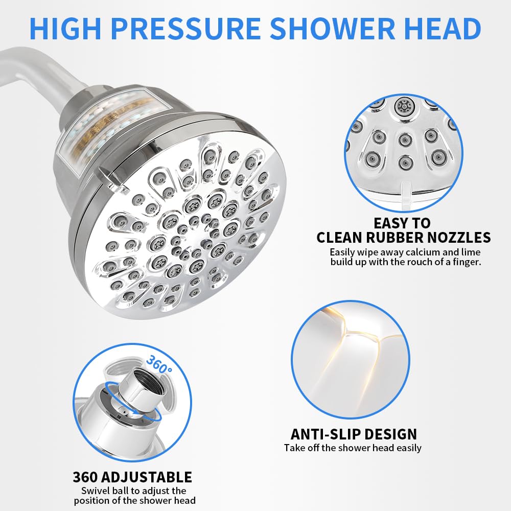 INEFATH High Pressure Shower Head 15 Stage Filtered Shower Head - 5 modes Shower Head Filter for Hard Water for Remove Chlorine - 360°Adjusted