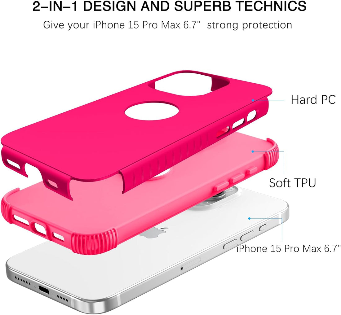 BENTOBEN for iPhone 15 Pro Max Case, Heavy Duty 2 in 1 Full Body Rugged Shockproof Protection Hybrid Hard PC Bumper Drop Protective Girls Women Men Covers for iPhone 15 Pro Max 6.7" 2023, Hot Pink