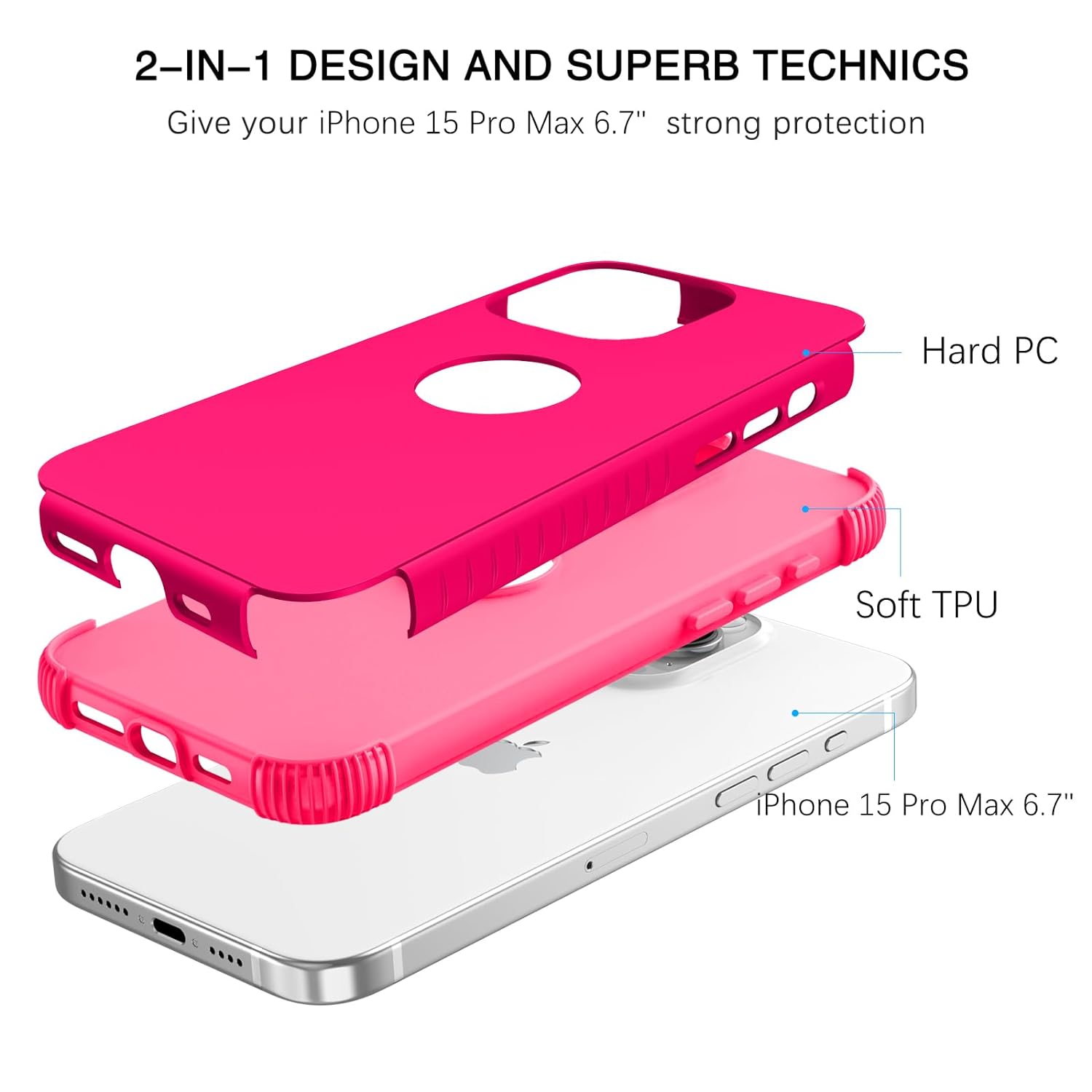 BENTOBEN for iPhone 15 Pro Max Case, Heavy Duty 2 in 1 Full Body Rugged Shockproof Protection Hybrid Hard PC Bumper Drop Protective Girls Women Men Covers for iPhone 15 Pro Max 6.7" 2023, Hot Pink