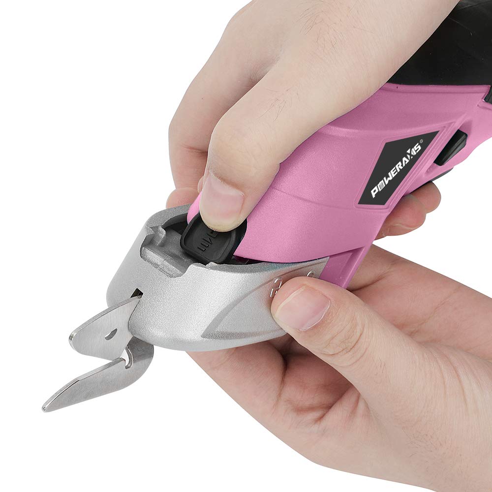 Electric Scissors, POWERAXIS Multi Cordless Electric Fabric Scissors with Two Blades, Electric Cutter for Fabric, Leather, Carpet,Paper,Cardboard with Release Safety Switch（Pink）