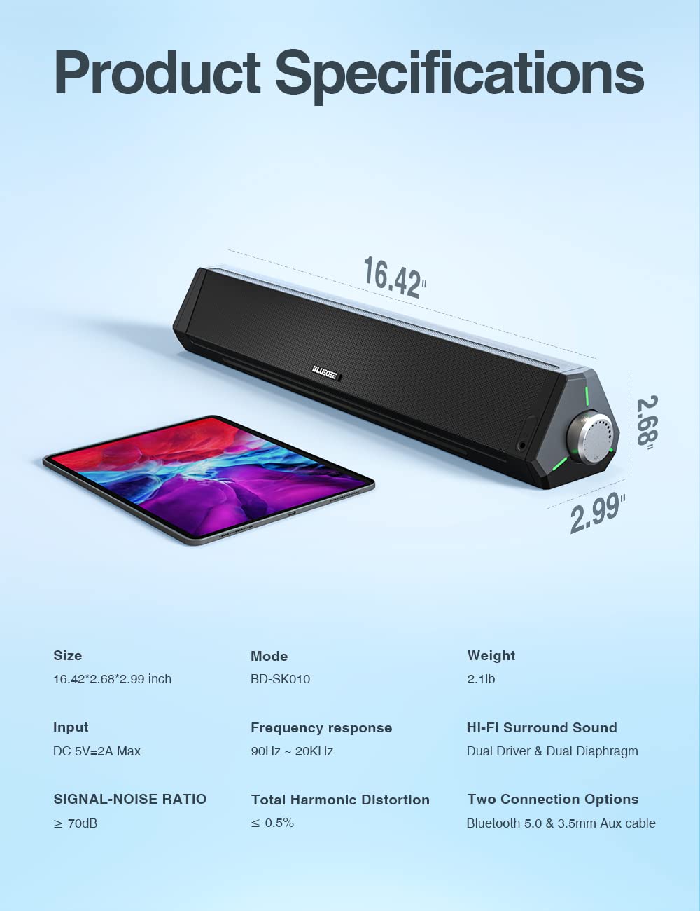 Computer Speakers, Dynamic RGB Computer Sound Bar, HiFi Stereo Bluetooth 5.0 & 3.5mm Aux-in Connection, USB Powered Computer Speakers for Desktop, Laptop, Tablets