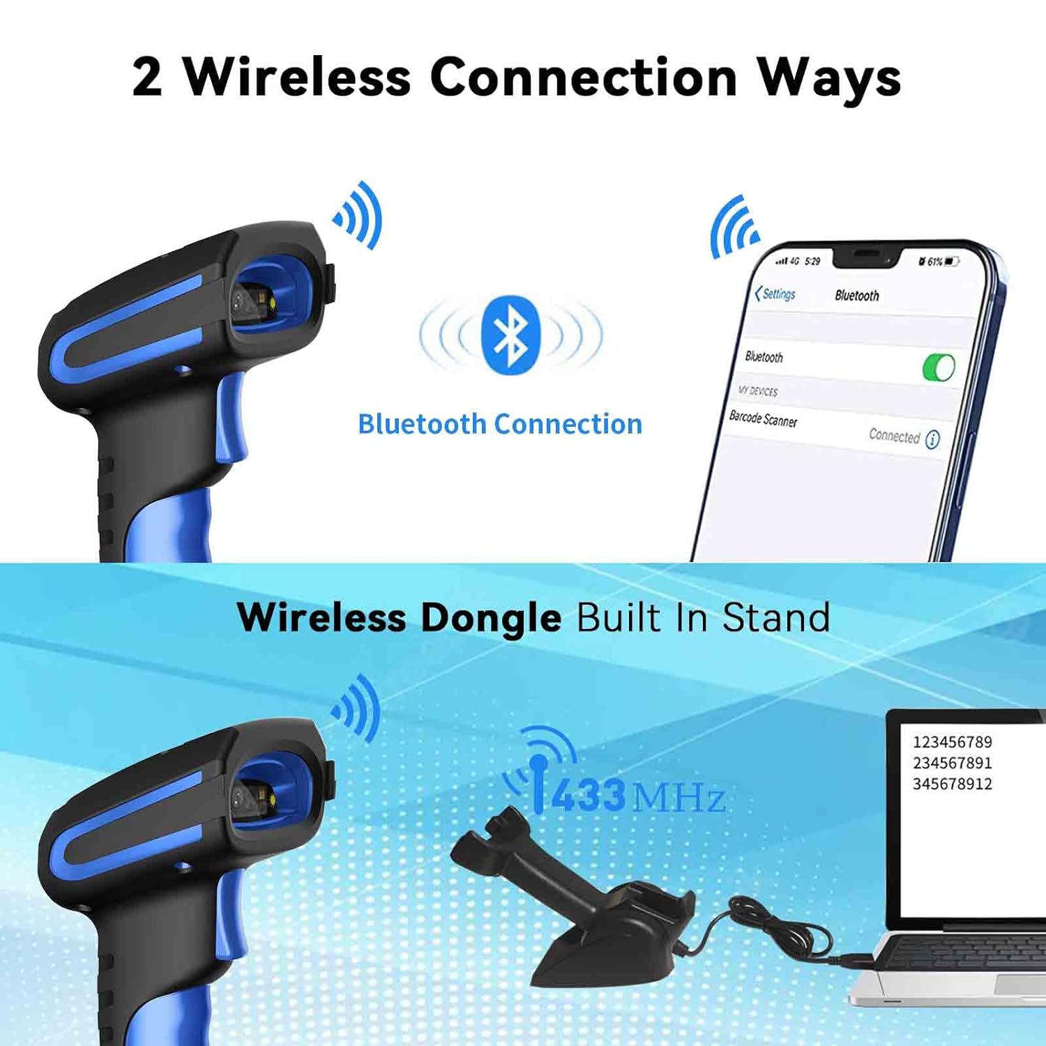 Alacrity Upgraded 2D Industrial Barcode Scanner with Wireless Charging Stand, 1968 Feet Transmission Distance 433Mhz Wireless & Bluetooth 2in1 Barcode Reader, Shock Dust Proof Hands Free, Blue