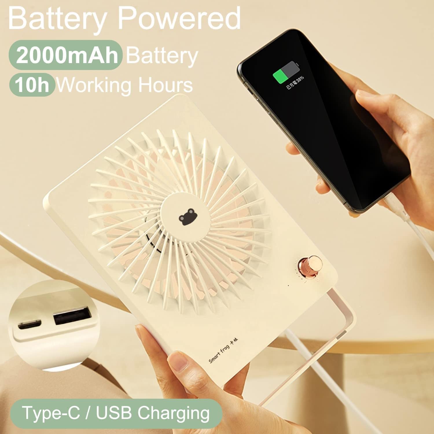 USB Desk Fan Portable Handheld Fan 10hrs Cooling USB Small Desk Fan 160° Foldable Mini Portable Fan Desktop Fan Portable Fan for Travel USB Rechargeable Personal Fan with 2000mAh Battery (Beige)