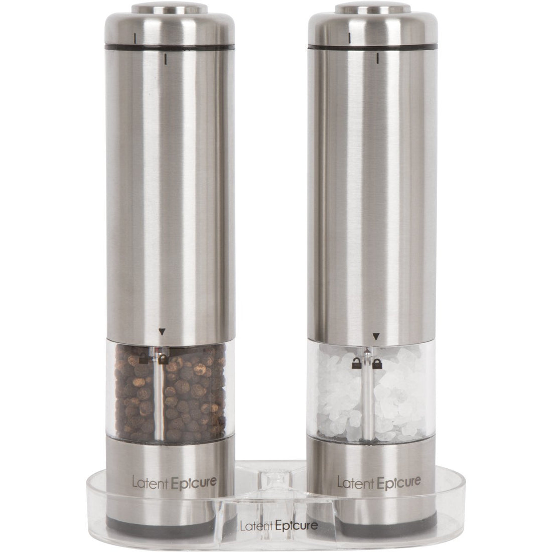 Pack of 2 : Latent Epicure Battery Operated Salt and Pepper Grinder Set (Pack of 2 Mills) - Complimentary Mill Rest | LED Light | Adjustable Coarseness |