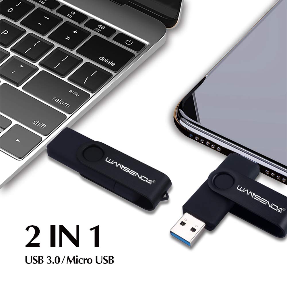 128GB OTG Micro USB Flash Drive Wansenda 2 in 1 USB 3.0 Memory Stick High Speed Pen Drive for Android/PC/Mac (Black)