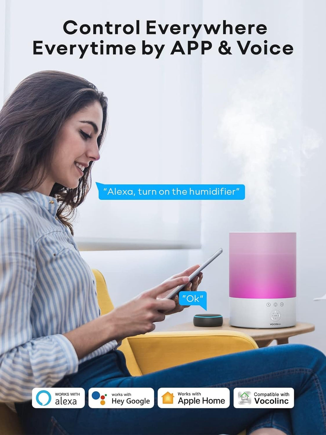 VOCOlinc 2.5L Smart Cool Mist Humidifiers，ork with Apple HomeKit Home, Alexa, Google