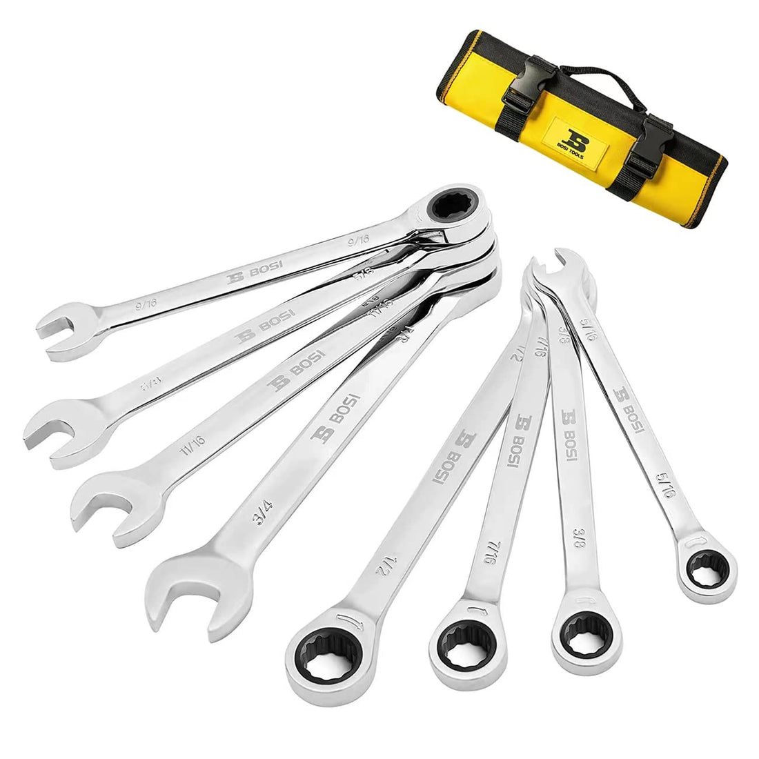 B BOSI TOOLS Ratcheting Wrench Set, SAE, 8-Piece, 5/16'', 3/8'', 7/16'', 1/2'', 9/16'', 5/8'', 11/16'', 3/4'', Chrome Vanadium steel, with Carrying Bag