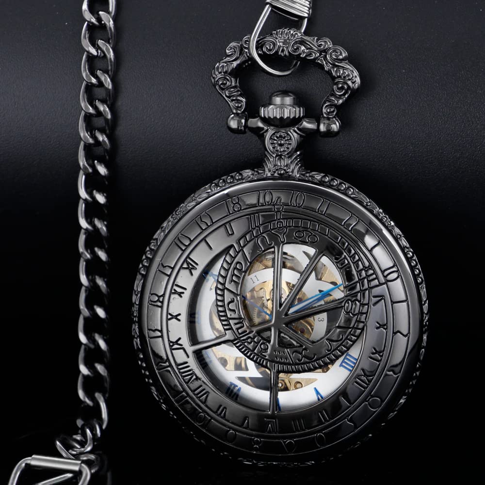 Alwesam Mechanical Hand Wind Pocket Watch Roman Numerals Scale Steampunk with Chain Box